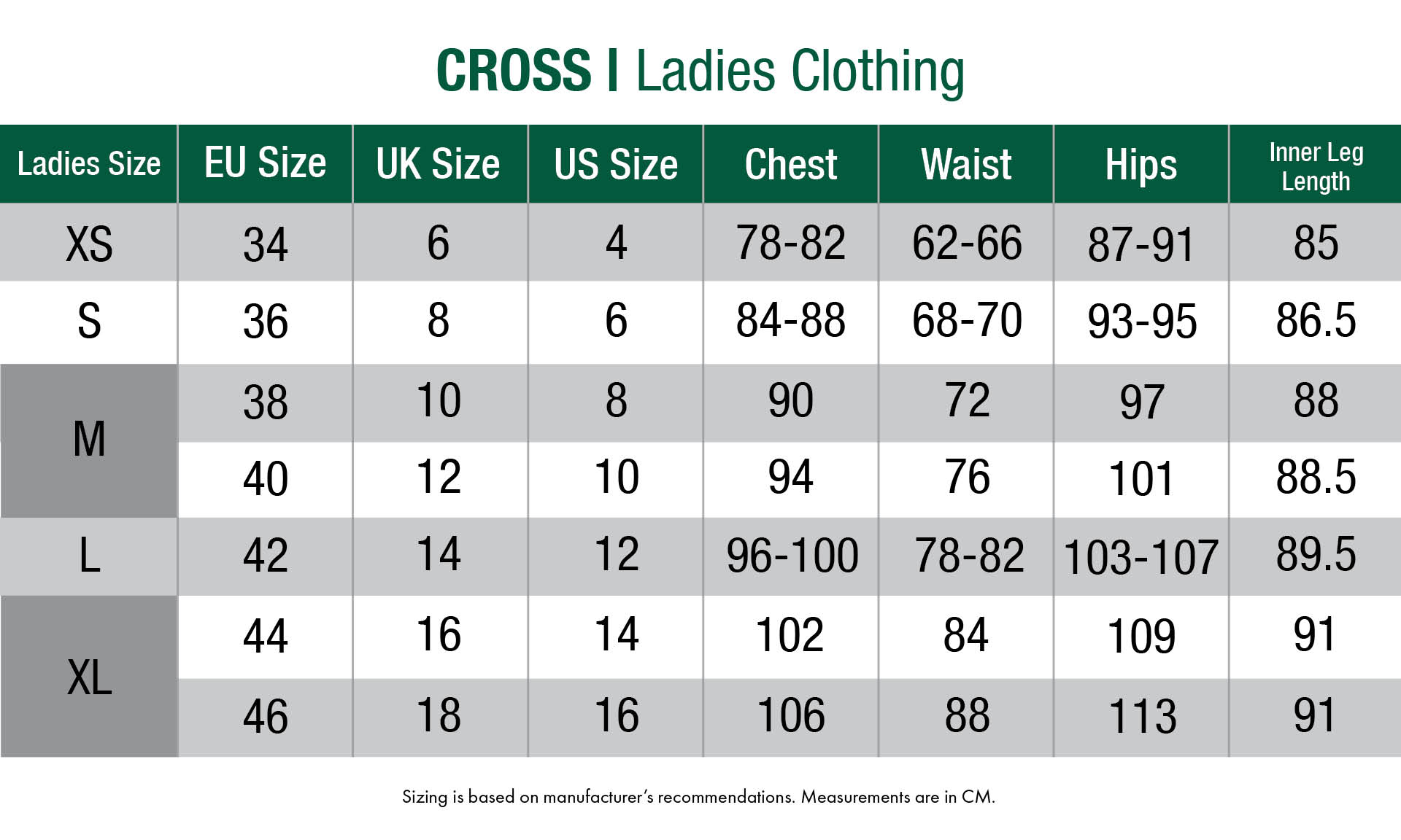 cross-wind & rain wear-womens size chart
